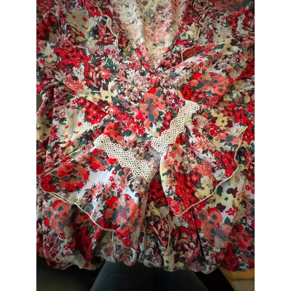 Free People Women's Heat Wave Thong Bodysuit Size Medium Floral Ruffle Blue Red - Picture 4 of 10